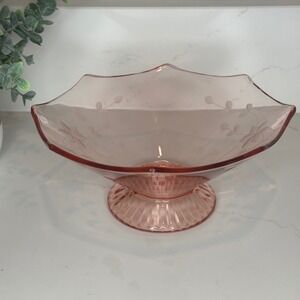 Standard Glass Norwood Pink Etched Floral Pedestal Bowl